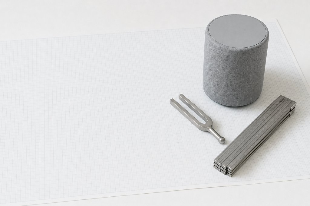 A plain unbranded cylindrical speaker on graph paper beside a tuning fork and a folded steel rule