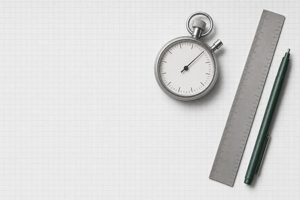 A mechanical stopwatch, a steel rule and a green fineliner resting on graph paper
