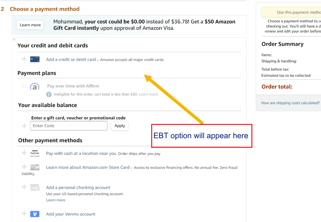 select the EBT payment option